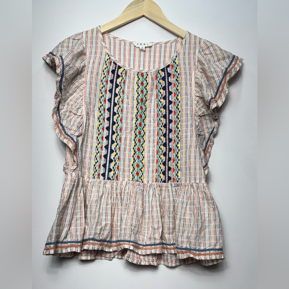 Anthropologie THML Shirt Embroidered Orange/Blue Sm Ruffled Flutter Sleeve Top